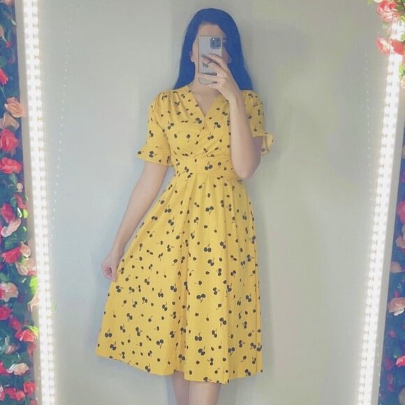 Dresses & Skirts - Yellow Cherry Midi Summer Spring Dress